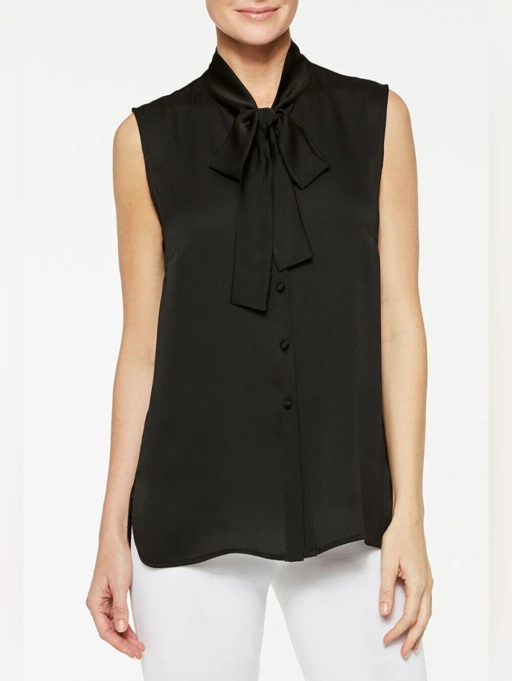 Misook Tie Neck Crepe De Chine Sleeveless Black Blouse Career Quiet Luxury Party